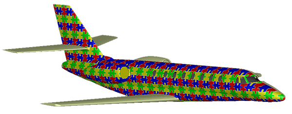 A CAD model showing an airplane with paint schema projected onto it by ProjectionWorks.